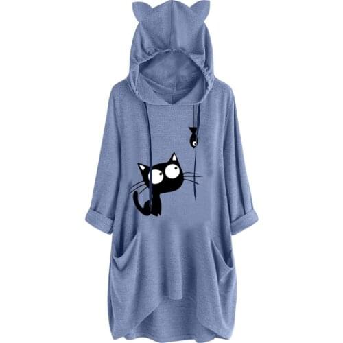 Women Casual Print Cat Ear Hooded Tshirt Long Sleeves Pocket Irregular Top Shirt Fashion Cute Tshirt Poleras Mujer #G3