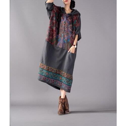Women Hooded Print Dress Ladies Vintage Plus Size Dress Female Oversize Dress Bat Sleeve Loose Dresses Autumn Spring Fall 2018