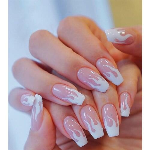 24Pcs New Trendy Flame False Nail Tips Long Ballerina Wearable French Fake Nails Coffin Full Cover Manicure Nail Tips with Glue