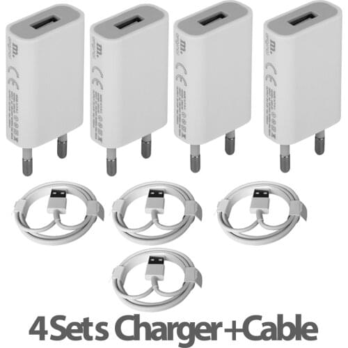 4Set/Lot Wall AC EU Plug USB Charger For iPhone 8 Pin USB Charging Cable + Travel Charger Adapter For Apple iPhone 5 5S 6 6S 7
