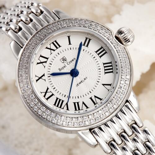 Sapphire Crystal Fine Womens Watch Ronda Mov't All Stainless Steel Bracelet Lady Hour Girls Gift Retro Clock Royal Crown