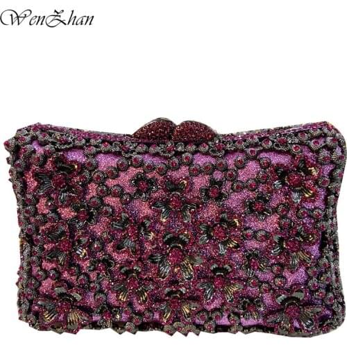 Elegant Purple Women Crystal Evening Bags Hollow Out Ladies Diamond Minaudiere Wedding Clutch Handbag and Purse A9-1