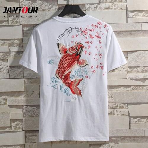 Hip Hop T Shirt Men 2021 summer Brocade Carp Embroidery T-Shirt Streetwear Chinese Style Fashion Tshirt Casual Tops Tees Black