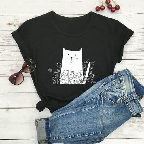 Cat Flowers Graphic Print 100%Cotton Women Tshirt Unisex Funny Summer Casual Short Sleeve Top Cat Mom Shirt Pet Lover Gift