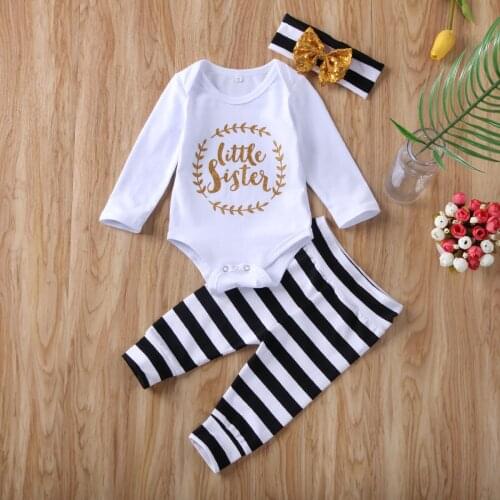 Pudcoco Newborn Baby Girl Clothese Gilding Letter Long Sleeve Romper Tops Striped Long Pants Headband 3Pcs Outfits Clothes