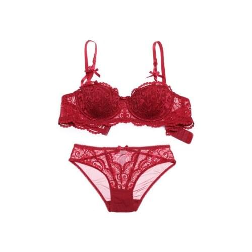Sexy Girls Bra Set Push Up Lace Ultra Thin Cup Transparent Half Cup Lingerie Set Women Embroidery Underwear Bra & Brief Sets