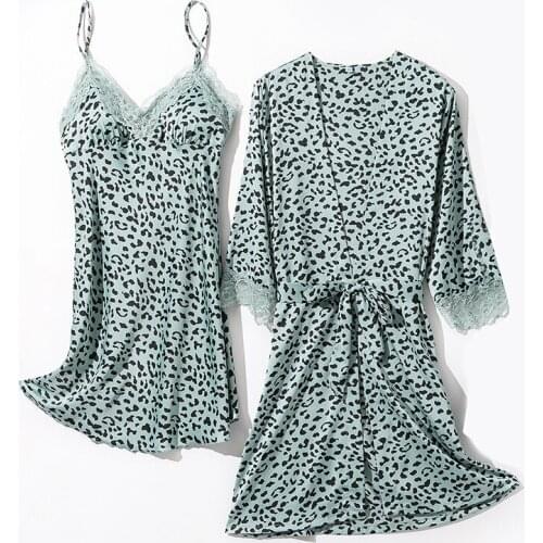 Twinset Kimono Robe Gown Set Summer Female Bathrobe&Strap Nightgown Sexy Two Pieces Sleepwear With Lace Sexy V-Neck Lingerie