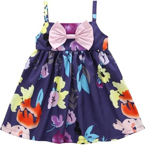 Summer Kids Dresses Girls Floral Print Spaghetti Strap Dress Sleeveless Cute Bowknot Tutu Princess Dress Clothes