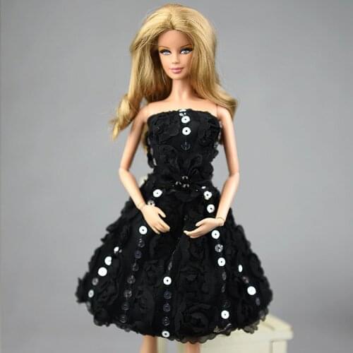 Fashion Black Sequin Rose Flower Doll Dress for Barbie Dolls Clothes Off Shoulder Party Gown Outfit Vestidos 1/6 BJD Accessories