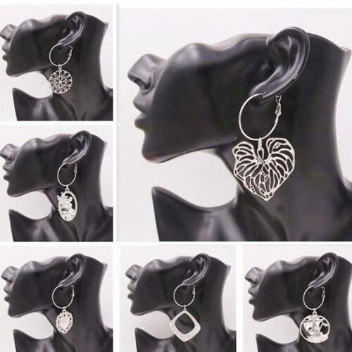 Fashion Women Girl Trendy Large Hoop Earrings Big Smooth Circle Earrings Flower of Life Charm Jewelry Handicraft Findings A684