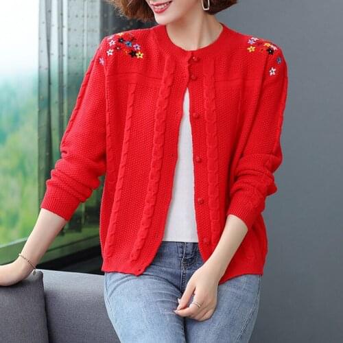 Fashion Korean Knitting Cardigans Women Print Long Sleeve O-neck Slim Sweater Single Breasted Casual All-match Jacket Y637