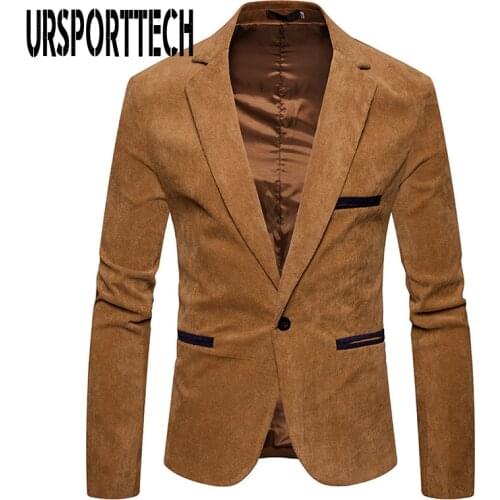 URSPORTTECH 2020 New Brand Corduroy Blazer Men Solid Slim Fit Single Button Dress Suits Men Fashion Casual Mens Suit Jackets