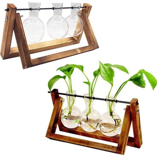2020 New 1Pcs Hydroponic Plant Vases Vintage Flower Pot Transparent Vase Wooden Frame Glass Tabletop Plant Home Decor Party Gift