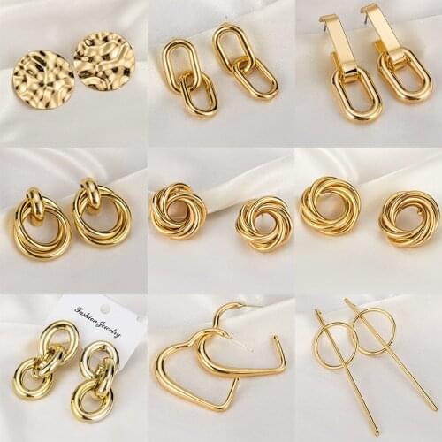 New Vintage Fashion Stainless Steel Simple Earrings For Women Statement Geometric Gold Metal Round Earrings 2021 Trend Jewelry