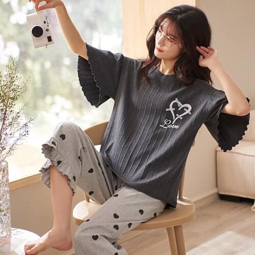 New Plus Size Womens Pajamas Cotton Sleepwear Suit Home Clothes Pijama Mujer Summer Pyjamas Femme Nightgown Calf-length Pant