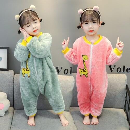 Childrens Pajamas Autumn and Winter Thickening Girls Flannel One-piece Home Clothes Baby Coral Fleece Kick-proof Sleeping Bag