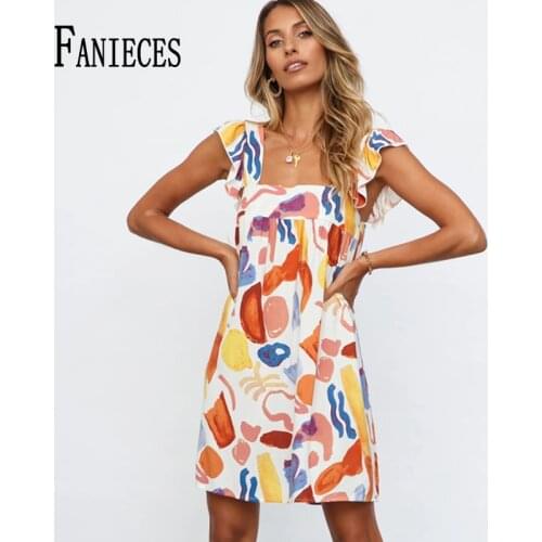 FANIECES Short Dresses Women Summer Elegant Square Neck Geometric Print Ruffle Short Sleeve Casual Holiday Streetwear Vestidos