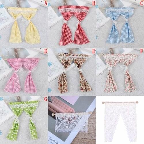 Cute Dollhouse Miniatures Lattice and Lace Pink Cotton Curtain for 1/12 Scale Dolls House Bedroom Furniture Decor Acc