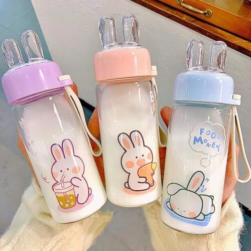 300ml Rabbit Ear Glass Fresh and Lovely Sen Tie Water Cup with Cover and String Simple Portable Water Bottle for Girl Heart