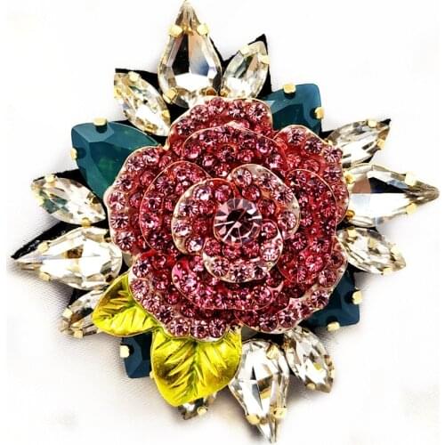 Italian Vintage Style Fuchsia Rose Flower Brooches Fabric Back Multi Leaves Cluster Ornate Rose Pins Designer Garden Jewelry