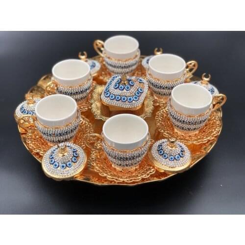 Turkish Coffee Set Evil Eye Copper Espresso Cups Saucers Tray Handcrafted Handmade Gold Gift For Mom