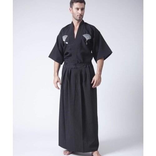 Vintage Black Japanese Mens Warrior Kimono with Obi Traditional Yukata Samurai Clothing Convention Costume One Size