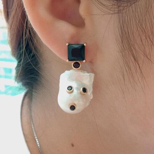 YYGEM Cultured WhiteNucleated Flameball Baroque Pearl Black Square Cz Rhinestone Stud Earrings for women