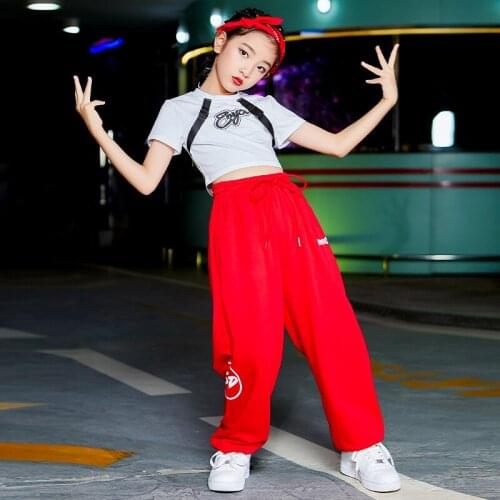 Rave Clothing Hip-Hop Street Dancewear Jazz Dancer Outfit Stage Costume Red Girls Set Cheerleader Uniform Loose Pants DL8392