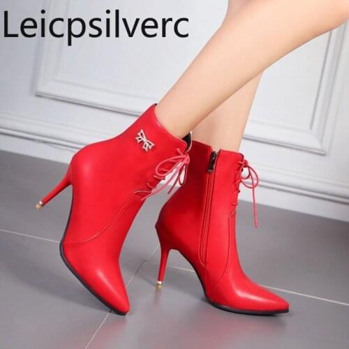 Womens Boots Autumn And Winter The New Pointed butterfly Knot Crystal zipper High heel Short tube Womens shoes plus size 32-46