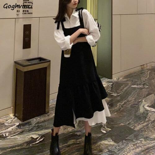 Women Sets Oversize 3XL Solid Drawstring Splicing Dress Party Long Sleeve Shirt Simple All-match Elegant Streetwear Fashion New