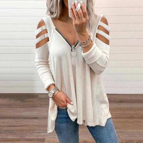 Women Solid Colors Hollow Out Long Sleeve T-shirts Sexy Deep V-Neck Zipper Tops Spring Autumn Fashion Plus Size Casual Clothing