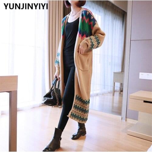 Female Long Cardigan Autumn Long Sleeve Knitted Cardigan Cardigans Pockets Women Print Sweater Jacket Large Size Sweater
