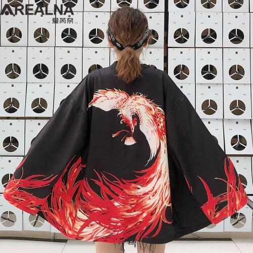 Womens Kimono Man Cardigan Haori Flaming Phenix Japanese Anime Clothes Geisha Streetwear Shirt Black Kimono Yukata with Belt