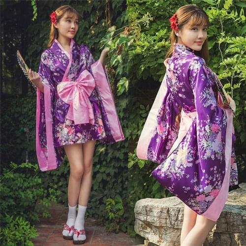 Women Japanese Kimono Traditional Floral Print Bow-knot Sakura Dresses Cosplay Costume Silk Yukata Dress Party Stage Outfit