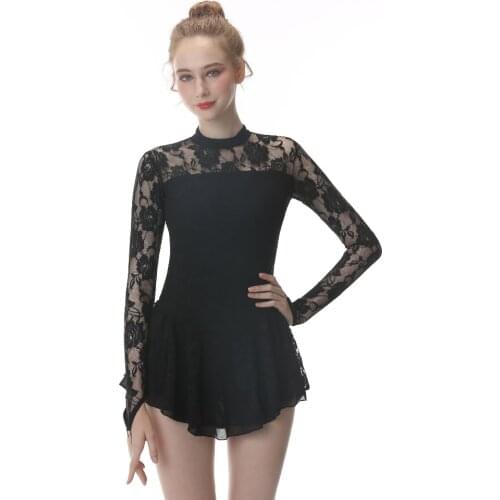 Black Figure Skating Dress Long-Sleeved Ice Skating Skirt Spandex