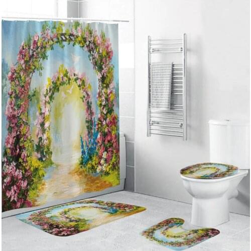 Flower Arched Door Oil Painting Fabric Shower Curtain Bathroom Curtains Set Carpet Toilet Cover Rugs Bath Mat Pad for Home Decor