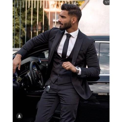 Business Black Peak Lapel Men Suits Costume Homme Groom Tuxedo Terno Masculino Wedding Bridegroom 3 Pcs ( Jacket+Pants+Vest)