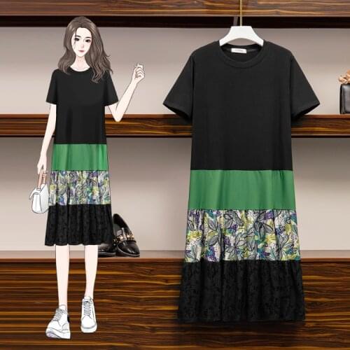 EHQAXIN Summer Large Size Womens Contrasting Color Stitching T-Shirt Dress Fashion Loose Lace Printed Straight Long Dress L-4XL