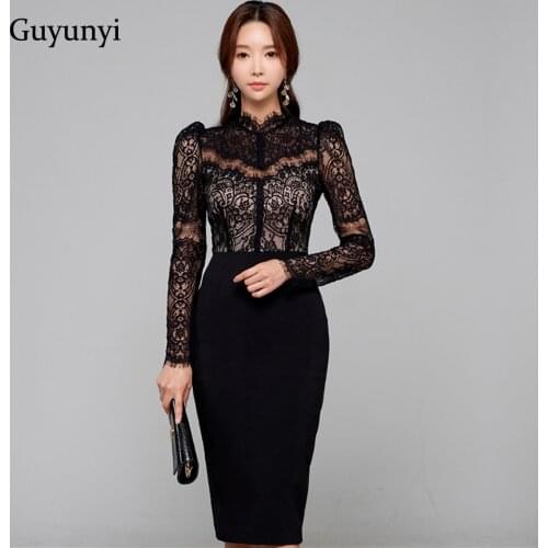 Elegant Party Dress 2021 Autumn White Black High Waist Tight Stitching Sexy Lace Stand Collar Long Sleeves Office Lady Dress