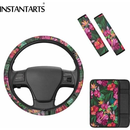INSTANTARTS Tribal Hawaii Hibiscus Pattern Waterproof Armrest Cover Seat Belt Shoulder Strap Covers Floral Steering Wheel Covers
