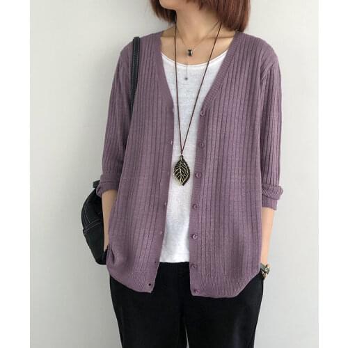 Linen Knitted Cardigan Sweater Womens Thin Loose Large Size V-neck Shirt Spring Summer 4/5 Sleeve Sun Protection Jacket k1010