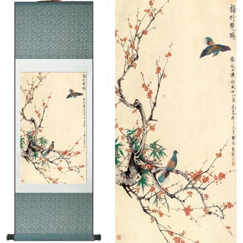 Birds and flower Painting Home Office Decoration Chinese scroll painting Spring Ink wash paintingPrinted painting