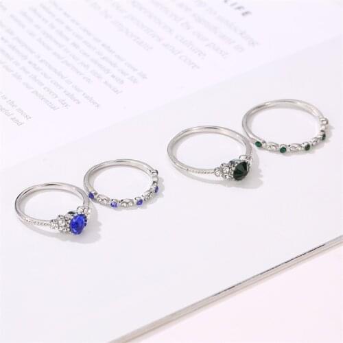 Round Dark Blue Green Zircon Rhinestone Wedding Silver Plated Copper Rings for Women 2pcs/set