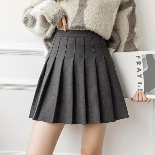 Fashion Streetwear Pleated Mini Skirt For Women Autumn Winter Solid Woolen Skirts High Waist A-line Black Gray School Skirt