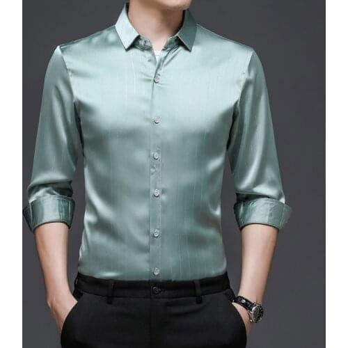 Men 2021 Silk Shirts Spring Casual Striped Smooth Soft Clothes Leisure Male Office Silk Shirt Long Sleeved