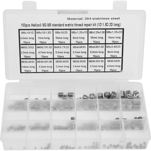 180Pcs Thread Repair Kit Wire Threaded Insert Stainless Steel Thread Repairing Tool M2-M8 screw thread repair set