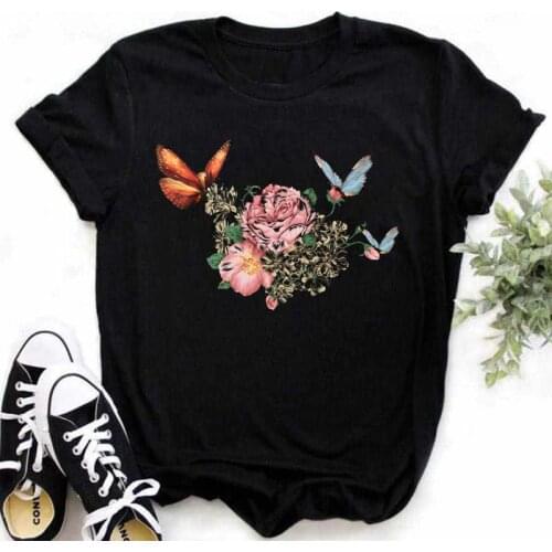 New Butterfly Women Black T Shirt Kawaii Printed Shirt Women O-Neck Tops Loose Harajuku 90s Girls T Shirt Korean Style Clothes