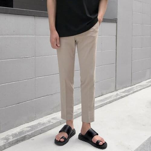 Solid Nine-Point Trousers Men Korean Fashion All-Match Slim Pants Mens Casual Simple Office Long Pants Man 2021