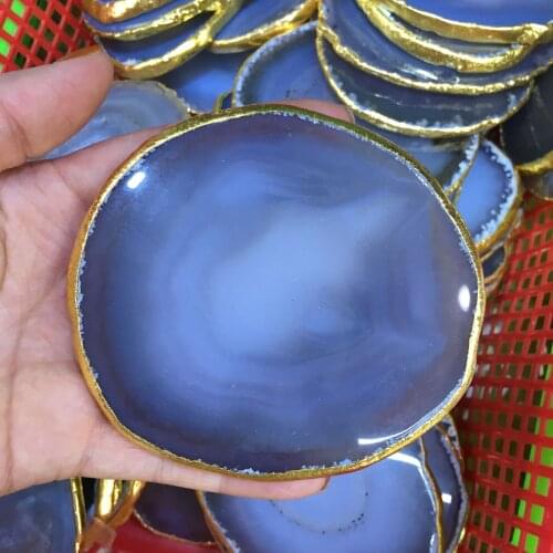 Natural heart Quartz Pad Electroplated Gold Edge Gems Crafts Slice Coaster Cup Beverage Holder Stone Crystal Mat Decor plates