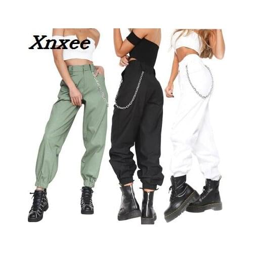Casual cotton loose women fashion elegant elastic waist long harem work pants baggy party trousers with pockets and chain Xnxee